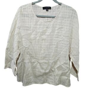 Tahari Cream Gauze Linen Crewneck Peplum 3/4 Sleeve Womens Blouse Size Small